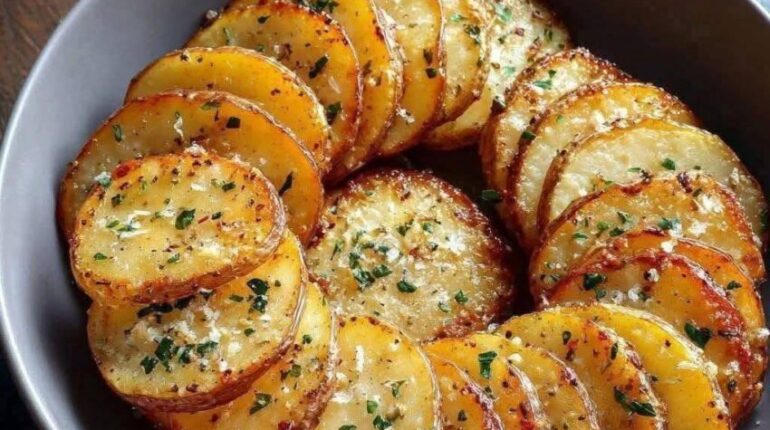 crispy potato slices easy potato side dish oven baked potato recipe potato chips alternative roasted potato slices savory potato snacks sliced baked potatoes 