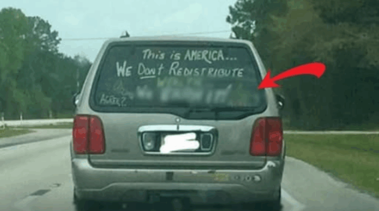 America hard work slogan SUV back window phrase Reddit viral SUV message wealth redistribution debate 