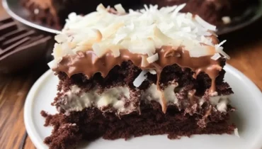 Chocolate Mound Cake – Moist, Coconut-Filled & Easy to Make!  SEO Keywords: chocolate mound cake, coconut chocolate cake, devil’s food cake mix dessert, easy c