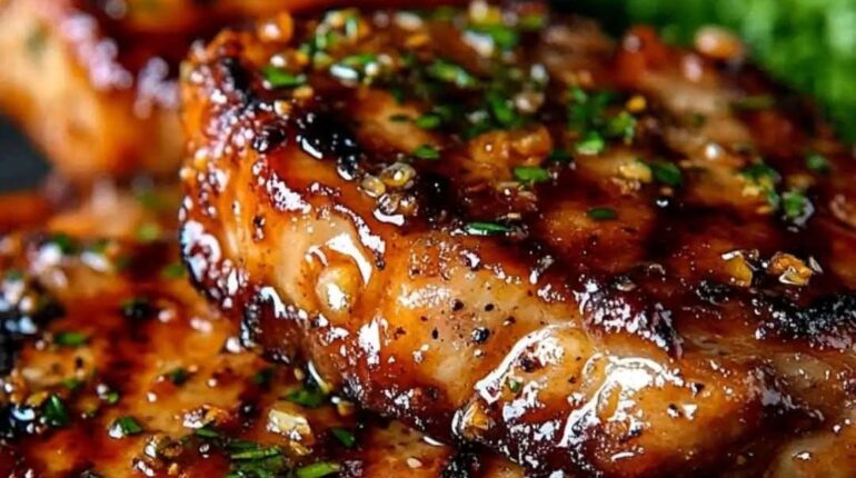 apple cider vinegar sauce Dijon mustard pork easy pork chop recipe flavorful pork chops garlic honey glaze honey garlic pork chops quick dinner idea skillet pork chops sweet and savory pork weeknight dinner recipe 