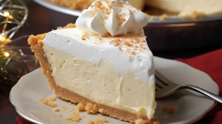 creamy no-bake pie easy holiday dessert eggnog pie with graham cracker crust eggnog pudding pie recipe festive eggnog dessert holiday pie ideas no-bake eggnog pie no-bake holiday recipes quick Christmas desserts whipped topping pie 