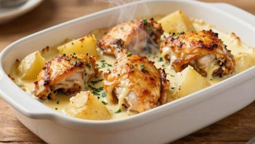Baked chicken with potatoes and cheese sauce: the regular basting technique that guarantees ultra-tender meat