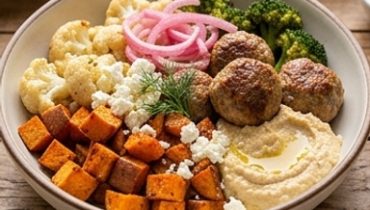 Mediterranean Turkey Meatballs, Roasted Vegetables and Hummus