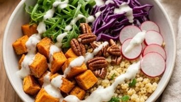Roasted Vegetable Bulgur Bowl & Lemony Skyr Sauce