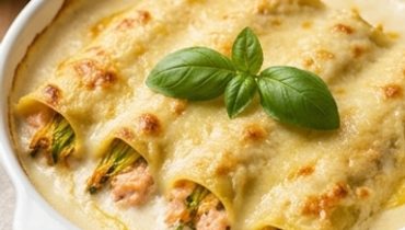 Cannelloni Stuffed with Salmon, Ricotta, and Zucchini Flowers