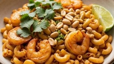 Spicy Coquillettes with Sautéed Shrimp, Ginger, and Peanuts