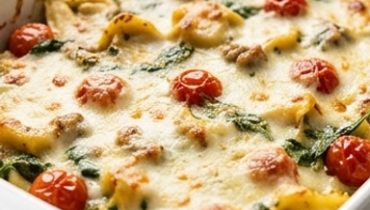 Pesto Tortellini Bake with Chicken Sausage and Melty Mozzarella