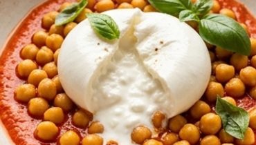 Roasted Chickpeas, Homemade Romesco Sauce, and Creamy Burrata