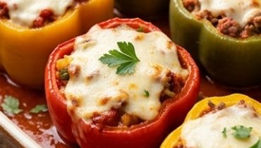 Beef and Rice Stuffed Peppers with Mozzarella Gratin