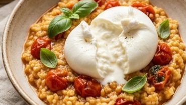 Golden Millet Risotto with Cherry Tomatoes and Melting Burrata