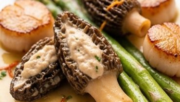Scallops stuffed with morels, green asparagus, and blood orange zest
