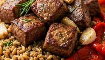 Grilled Beef Chuck with Garlic and Rosemary, Warm Herbed Spelt, and Roasted Red Peppers