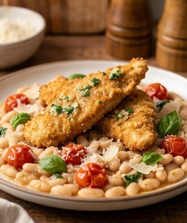 poulet-croustillant-au-beurre-d-ail-sur-haricots-b cover