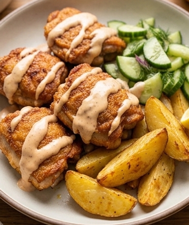 poulet-croustillant-patates-dorees-et-salade-de-co cover