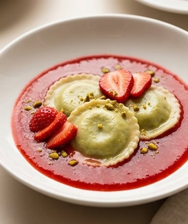 raviole-sucree-a-la-pistache-et-soupe-de-fraise cover
