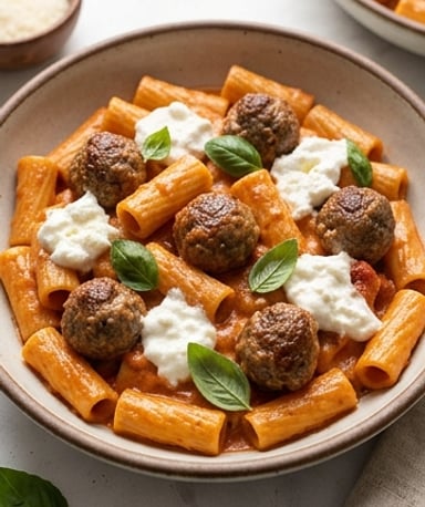rigatoni-cremeux-aux-boulettes-et-burrata cover