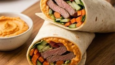 Veal Sirloin Wrap with Lentil Hummus and Crunchy Vegetables