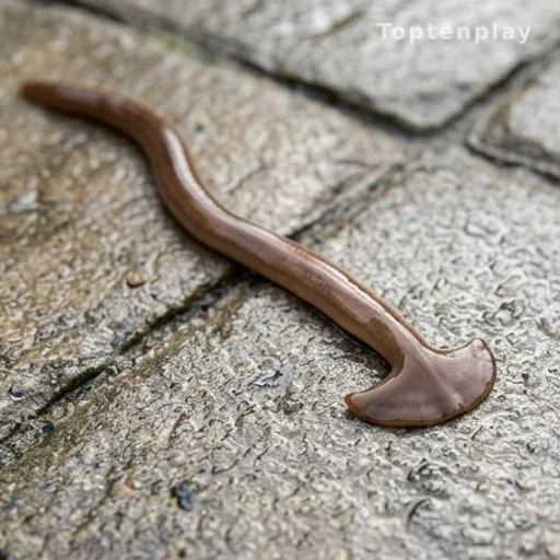 Hammerhead worm with shovel-shaped head on wet garden patio stones