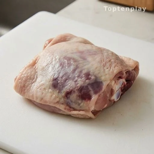 Raw chicken thigh with purple discoloration visible beneath the skin