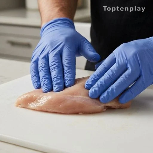 Hands checking raw chicken texture for signs of spoilage