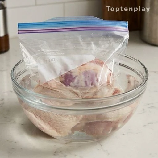 Raw chicken thawing safely in cold water in a sealed bag