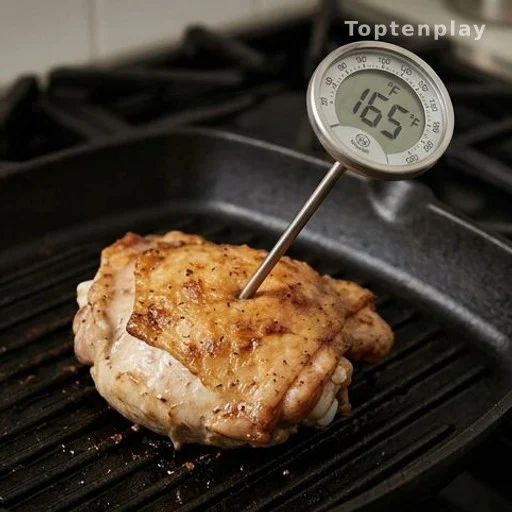 Meat thermometer checking internal temperature of cooked chicken for food safety