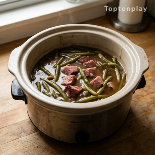 Slow cooker filled with ham and green beans in smoky broth, budget-friendly comfort meal