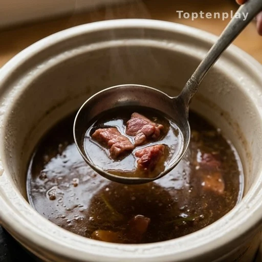 Ladle lifting glossy collagen-rich ham broth from slow cooker, food science illustration