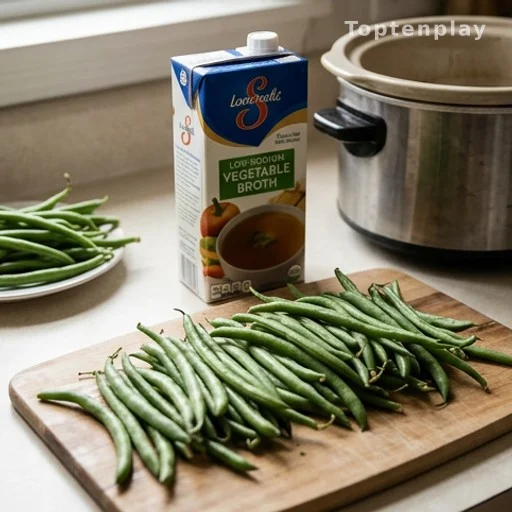 Fresh green beans and low-sodium broth ingredients for heart-conscious slow cooker recipe