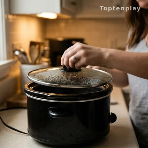 Hands placing lid on slow cooker, easy ten-minute prep comfort meal at home