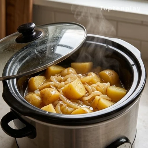 Slow cooker filled with buttery onion potatoes releasing steam on a kitchen counter