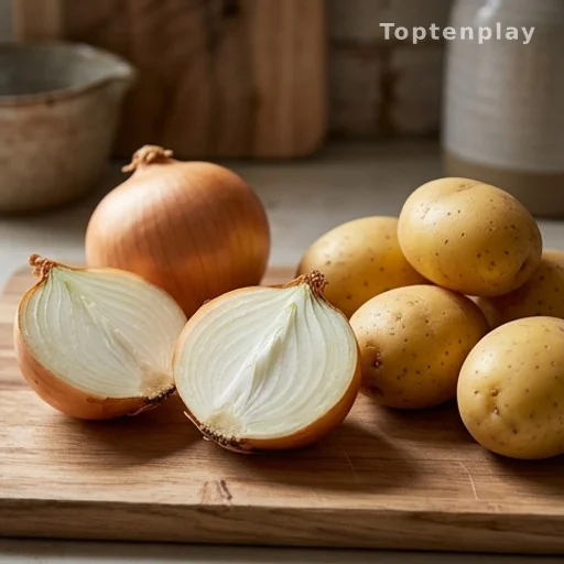 Fresh yellow onions and potatoes on a cutting board, potassium-rich ingredients for a healthy side dish
