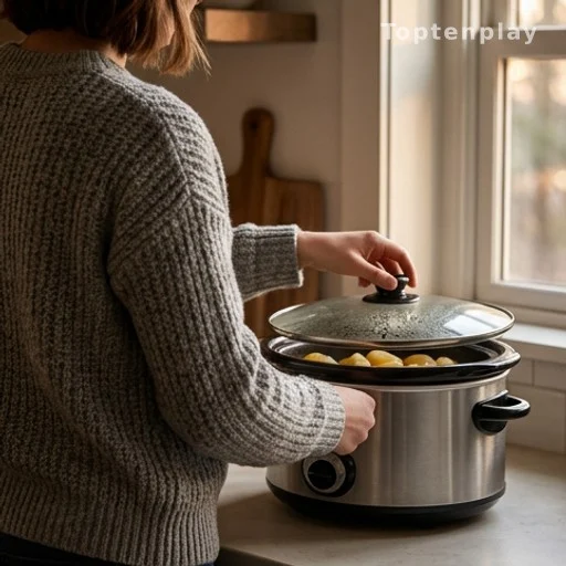 Person placing lid on slow cooker in a warm kitchen, easy weeknight dinner preparation