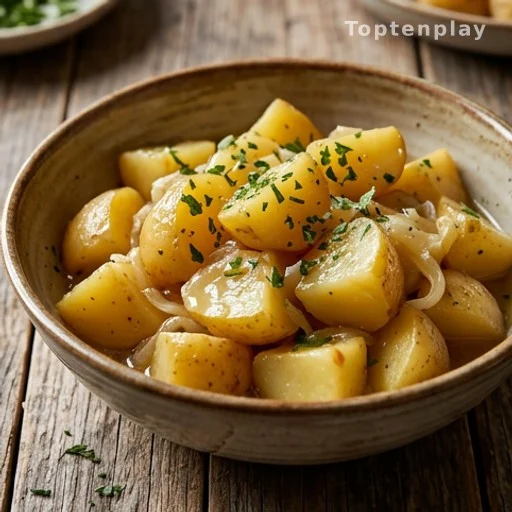 Rustic bowl of slow cooker onion butter potatoes with glossy sauce, budget-friendly comfort food