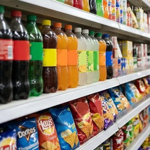 Row of sugary drinks and packaged snack foods on a supermarket shelf