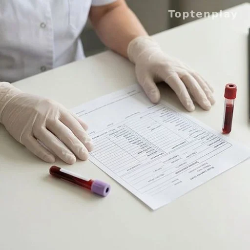 Doctor holding a blood test requisition form next to a blood sample vial