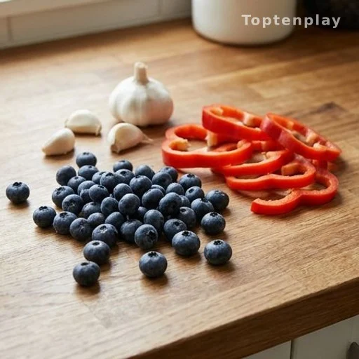Fresh blueberries, red bell peppers and garlic cloves on a wooden surface