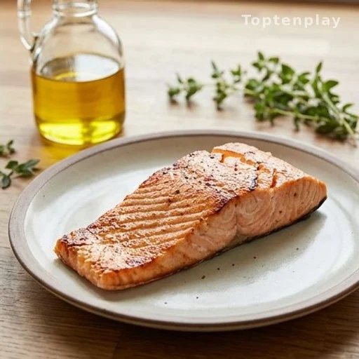 Grilled salmon fillet and a bottle of extra-virgin olive oil on a dining table