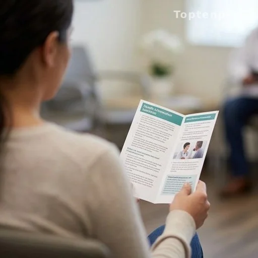 Person in a medical waiting room holding a health information leaflet