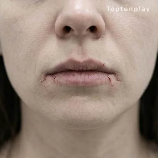 Close-up of cracked lip corners and pale skin associated with nutritional deficiency