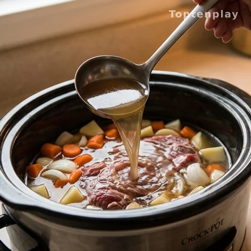 Low-sodium beef broth being added to a slow cooker for a healthy beef roast