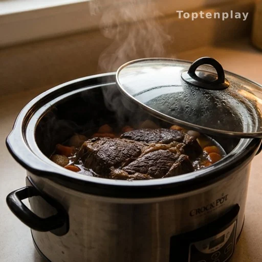 Slow cooker simmering a budget-friendly beef roast with steam rising from lid