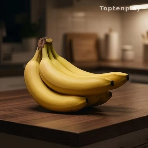 Ripe yellow bananas on a kitchen counter at night
