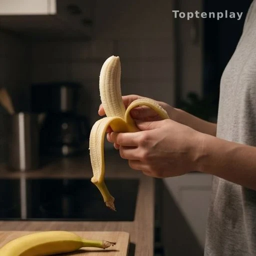 Hands peeling a banana in a dimly lit kitchen at night