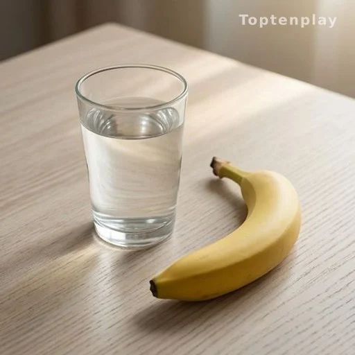 Banana and glass of water on a table in morning light