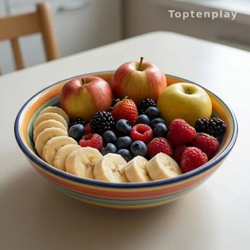 Bowl of mixed fruits including bananas on a kitchen table