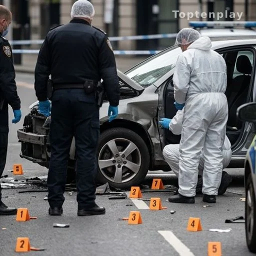 Investigators examining vehicle data and evidence at a car crash scene