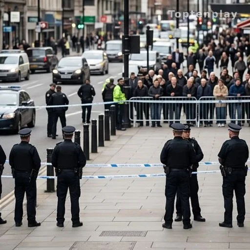 Police officers securing a taped-off crash scene on a busy city sidewalk