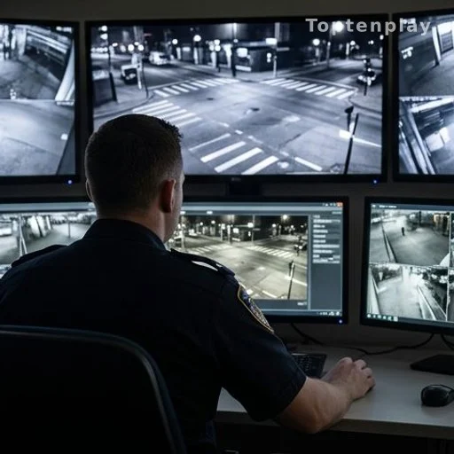 Police officer reviewing surveillance footage during a vehicle accident investigation