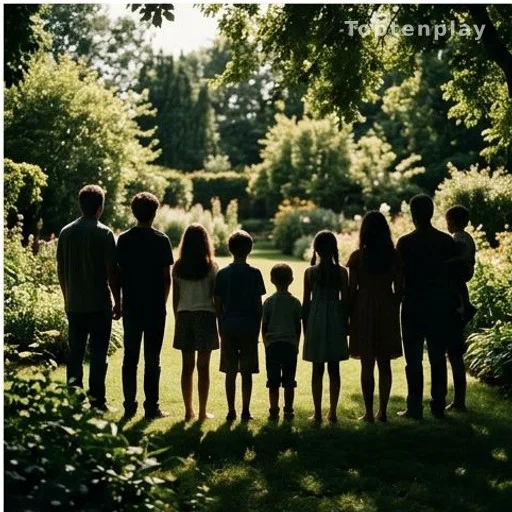 Silhouettes of a large family with children of different ages in a garden